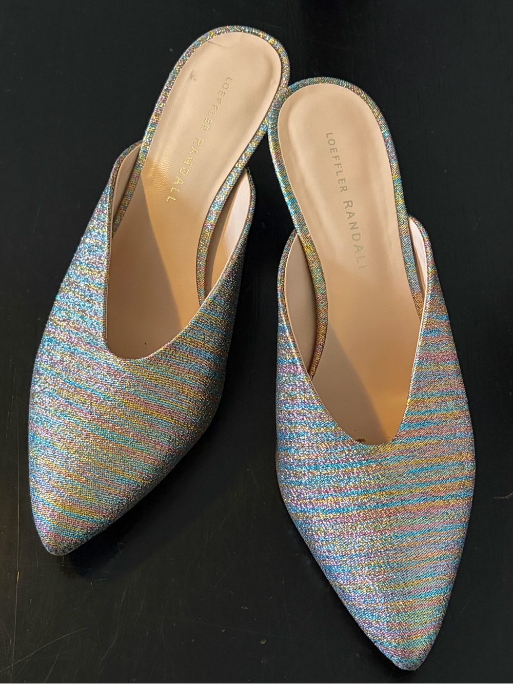 Loeffler Randall Juno Glitter Stripe Kitten Heel Mules Slides Size 7 MSRP $375
